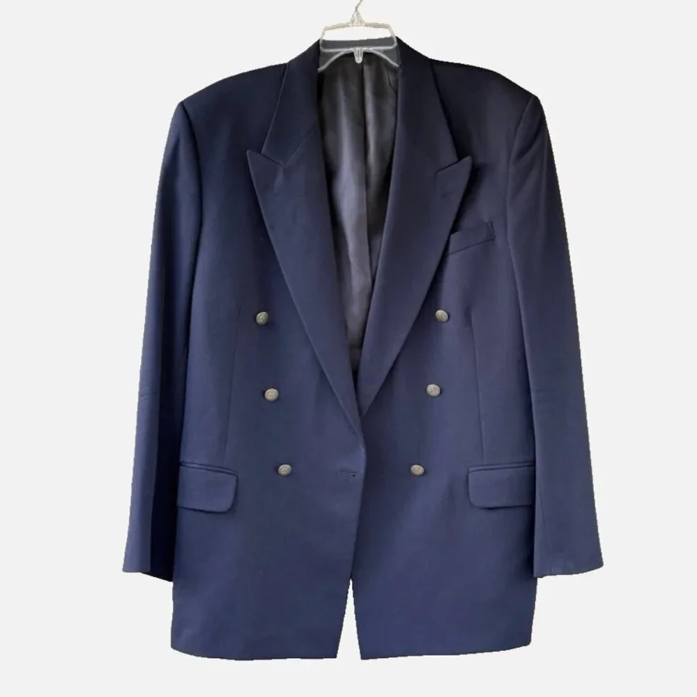 VTG Oscar de la Renta Men's Wool Gaberdine Navy Double Breasted Blazer Size 42L